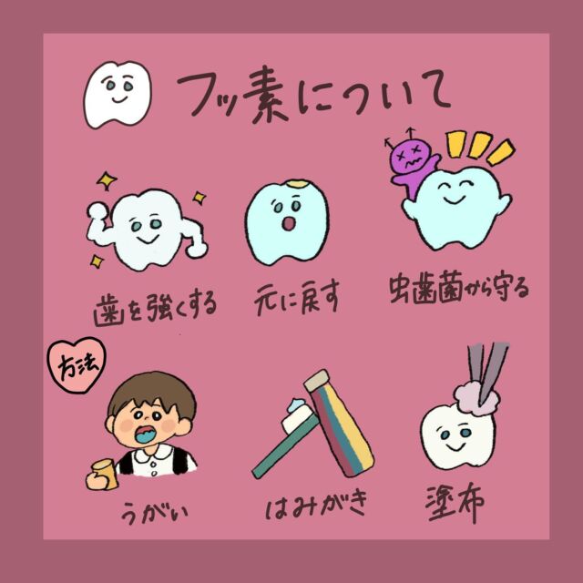 こんにちは☀️
厚南ハピネス歯科です🦷
今日はフッ素の効果について
ご説明していきます✊🏻 ̖́-‬

フッ素を歯に取り入れる事で、
①歯を強くする
（歯質を強化して虫歯になりにくくしてくれる）

②再石灰化
（酸によって溶けてしまったカルシウムやリンを元に戻してくれる）

③虫歯菌から守る 
（虫歯菌であるミュータンス菌の働きを弱め、酸を作るを抑える）

という効果があります！

フッ素を取り入れる方法としては、
⋆⸜🌷⸝‍⋆フッ素のうがい薬

⋆⸜🌷⸝‍⋆フッ素が配合された歯磨き粉を
  使用しての歯磨き

⋆⸜🌷⸝‍⋆歯科医院での、高濃度フッ素を 
  用いた塗布  等

 があります🙆🏻‍♀️
当院でも定期検診にいらっしゃるお子さまなどにフッ素塗布を行っております！

ぜひ、定期的に検診をして、虫歯予防をしましょう🙌🏻⸝‍

#フッ素 
#フッ素塗布 
#虫歯 
#虫歯予防 
#虫歯ゼロ 
#小児矯正 
#小児矯正歯科
#矯正治療 
#厚南ハピネス歯科
#山口県
#宇部市 
#山陽小野田市 
#歯科 
#歯医者 
#歯医者さん 
#予防矯正
#子供の歯並び 
#子供の矯正 
#トレーニング